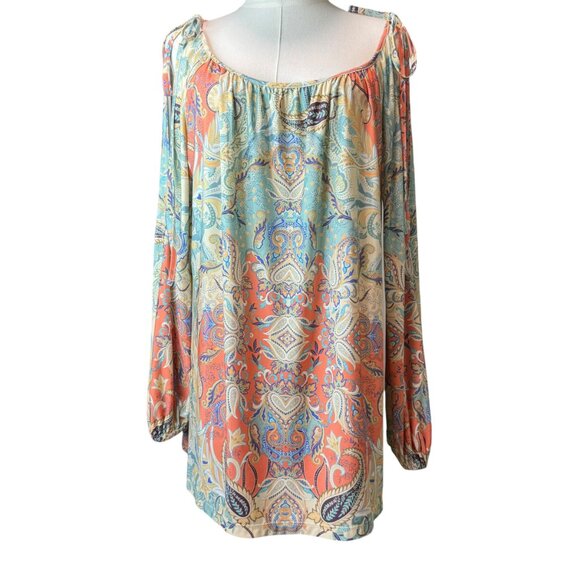 Boston Proper Boho Paisley Off Shoulder Peasant Blouse L Long Sleeve Tie Strap - Picture 1 of 7